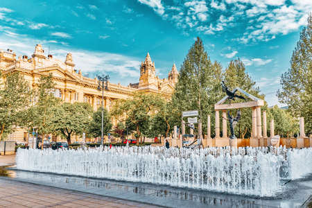 Dancing fountains in Liberty Square in Budapest. Early morning. Hungary.のeditorial素材