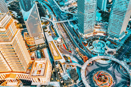 SHANGHAI, CHINA- MAY, 24, 2015: Beautiful skyscrapers, city building of Pudong, Shanghai, China.のeditorial素材
