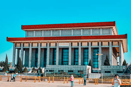 BEIJING, CHINA - MAY 19, 2015: People walk on Tiananmen Square near Mao Zedong mausoleum - the largest square in the world, Beijing. China.のeditorial素材