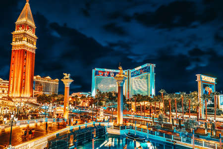 Las Vegas, Nevada, USA - September 16, 2018: Main street of Las Vegas-is the Strip in evening time. Casino, hotel and resort- Venetian.のeditorial素材