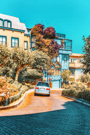 San Francisco, California, USA - September 10, 2018: Lombard Street is an eastwest street in San Francisco, that is famous for a steep.のeditorial素材