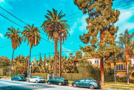 Los Angeles, California, USA- September 04, 2018 : Urban views of the Beverly Hills area and residential buildings on the Hollywood hills. USA.のeditorial素材