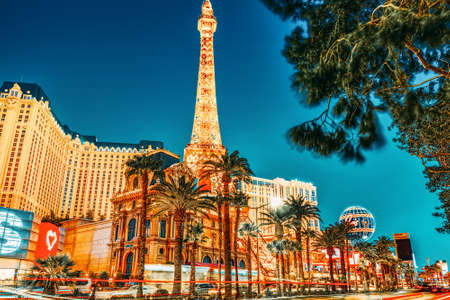 Las Vegas, Nevada, USA - September 15, 2018: Main street of Las Vegas-is the Strip in evening time. Casino, hotel and resort- Paris.のeditorial素材
