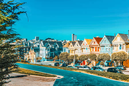 San Francisco, California, USA - September 10, 2018: Panoramic view of the San Francisco Painted ladies (Victorian Houses).のeditorial素材