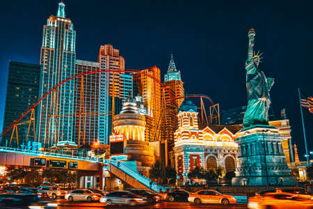 Las Vegas, Nevada, USA - September 15, 2018: Main street of Las Vegas-is the Strip in evening time. Casino, hotel and resort- New York.のeditorial素材