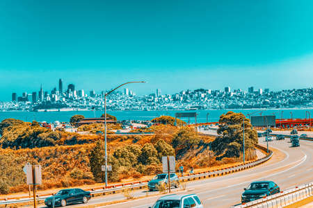 San Francisco, California, USA - September 10, 2018: Panoramic view of the San Francisco city from the Golden Gates Bridge.のeditorial素材