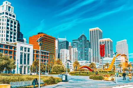 San Francisco, California, USA - September 09, 2018: View of downtown from the Embarcadero street,  San Francisco.のeditorial素材