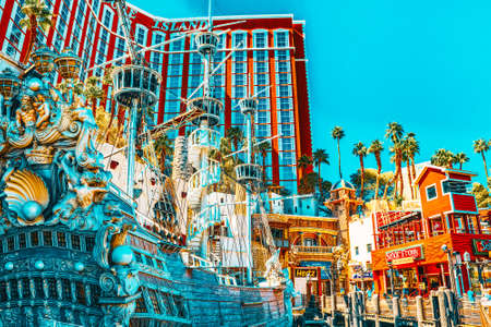 Las Vegas, Nevada, USA - September 16, 2018: Main street of Las Vegas is the Strip. Casino, hotel and resort Treasure Island.のeditorial素材