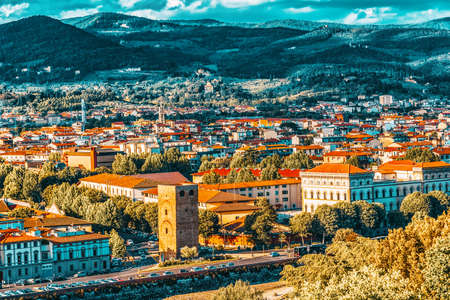 Beautiful landscape above, panorama on historical view of the Florence from  Piazzale Michelangelo point .Italy.の写真素材