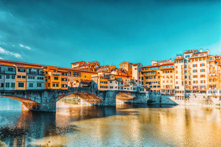 Ponte Vecchio is a bridge in Florence, located at the narrowest point of the Arno River, almost opposite the Uffizi Gallery.Italy.の写真素材