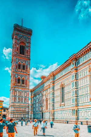 FLORENCE, ITALY- MAY 13, 2017: Santa Maria del Fiore(Cattedrale di Santa Maria del Fiore) and Giotto's Belltower (Campanile di Giotto) on Cathedral Square of Frorence (Piazza del Duomo).のeditorial素材