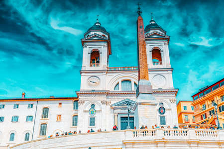 ROME, ITALY - MAY 10, 2017 : Trinita dei Monti church, Fraternita Monastica Delle Sorelle Di Gerusalemme and Obelisco Sallustiano on Spanish Steps Square.Rome. Italy.のeditorial素材