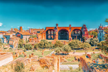 ROME, ITALY - MAY 08, 2017 : Archaeological and historical objects in Rome, united by the name - Roman Forum and Palatine Hill. Basilica of Maxentius (Basilica di Massenzio).のeditorial素材