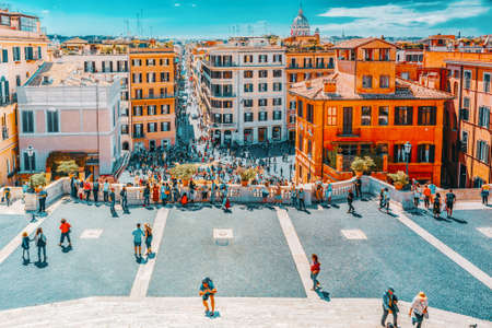 ROME, ITALY- MAY 08, 2017:  Beautiful landscape  historical view of the Rome, street, people, tourists on it. Spanish Sqare (Piazza di Spagna) and descent from the Spanish Stairs. Italy.のeditorial素材