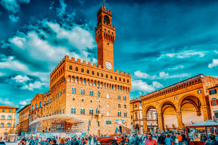 FLORENCE, ITALY- MAY 14, 2017: Palace Vecchio (Palazzo Vecchio) in Piazza della Signoria, built in 1299-1314, one of the most famous buildings of the city. At present it serves as the town hall.Italy.のeditorial素材