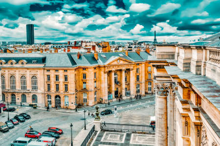 Beautiful panoramic view of Paris from the roof of the Pantheon. View on University of Paris.のeditorial素材