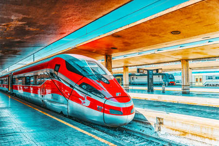 FLORENCE, ITALY - MAY 15, 2017: Modern high-speed passenger train stand on the Florence railways...