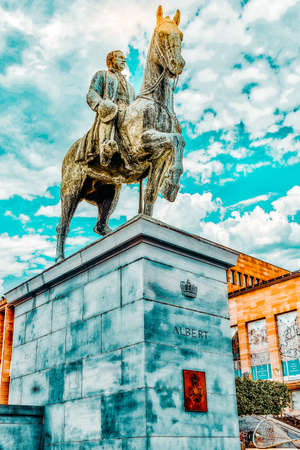BRUSSELS, BELGIUM- JULY 07, 2016 : Monument of king Albert on the horse in centre of Brussels. Prince of Liege - the youngest son of Leopold III and Swedish Astrid. Belgium.のeditorial素材