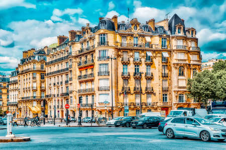 PARIS, FRANCE - JULY 06, 2016 : City views of one of the most beautiful cities in the world-Paris. Streets, buildings, cafes, people on the streets. France.のeditorial素材