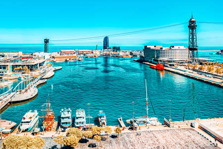 Barcelona, Spain - June 12, 2017 : Barcelona- capital of the autonomy of Catalonia. Panorama from the monument to Christopher Columbus on the Barcelona Sea Port. Spain.のeditorial素材
