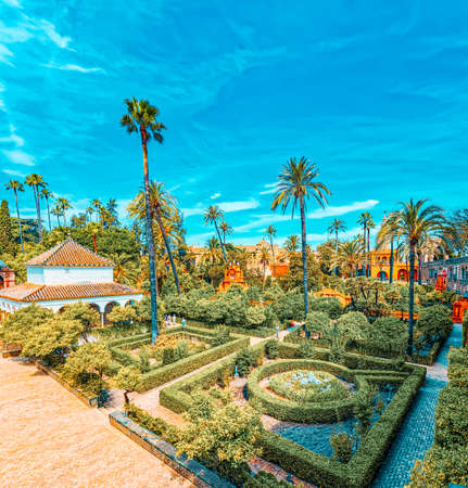 Seville, Spain - June 09, 2017 : Panoramic view of big and beautiful garden - Gardens of Royal Alcazar in Seville. Spain.のeditorial素材