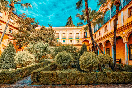 Seville, Spain - June 09, 2017 : Panoramic view of inner patio- Garden of the Prince (Jardin del...
