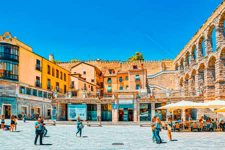 Segovia, Spain- June 07, 2017: Aqueduct of Segovia (or more precisely, the aqueduct bridge) is a Roman aqueduct in Segovia. Segovia  were declared World Heritage Sites by UNESCO.のeditorial素材