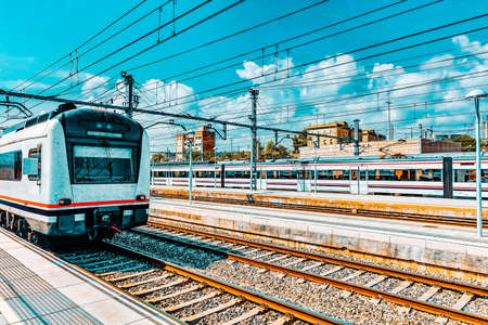 Suburban railway train at the railways stantion.の写真素材