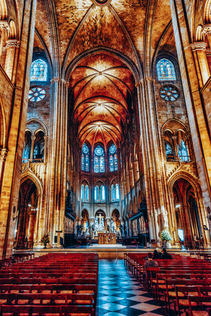 PARIS, FRANCE - JULY 04, 2016 : Interior of one of the oldest Cathedrals in Europe- Notre Dame de Paris. France.のeditorial素材