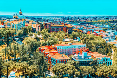 View of the capital of Spain-beautiful city Madrid from a bird's eye view. Top point is Museum of the Cathedral of the Almudena.のeditorial素材