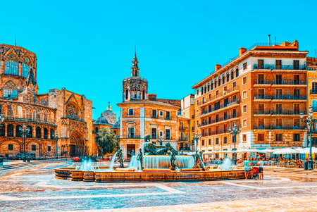 Valencia, Spain - June 13, 2017: Fountain Rio Turia on Square of the Virgin Saint Mary, Valencia Cathedral, Basilica of Virgen the Helpless.のeditorial素材