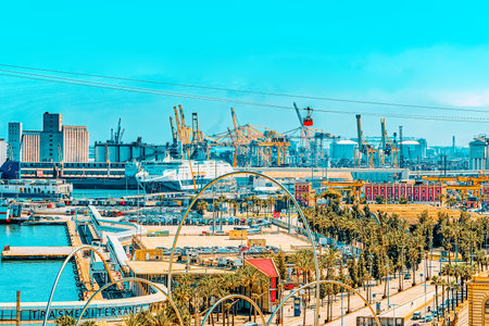 Barcelona, Spain - June 12, 2017 : Barcelona- capital of the autonomy of Catalonia. Panorama from the monument to Christopher Columbus on the Barcelona Sea Port. Spain.のeditorial素材