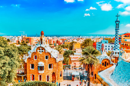 BARCELONA, SPAIN - SEPT 02,2014 :Gorgeous and amazing Park Guel in Barcelona. In 1984 park has been declared UNESCO by the World heritage of mankind. Park Guell (1914) is the famous architectural town art designed by Antoni Gaudi. Event September 02, 2014のeditorial素材