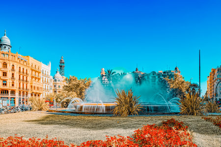 Valencia, Spain - June 13, 2017 : Fountain on Modernism Plaza of the City Hall of Valencia, Town hall Square (Modernisme Plaza of the City Hall of Valencia Placa de l Ajuntament).のeditorial素材