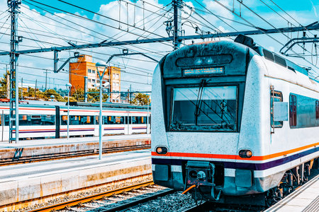 Suburban railway train at the railways stantion .のeditorial素材