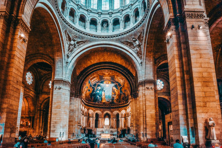 PARIS, FRANCE - JULY 04, 2016 : Interior of  Roman Catholic  church and minor basilica Sacre-Coeur, dedicated to the Sacred Heart of Jesus, in Paris, France.のeditorial素材