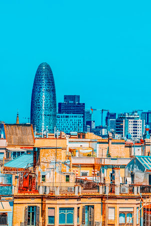 Barcelona, Spain - June 12, 2017 : Agbar Tower ( Torre Glories ) and panorama of the center of Barcelona, the capital of the Autonomy of Catalonia. Spain.のeditorial素材