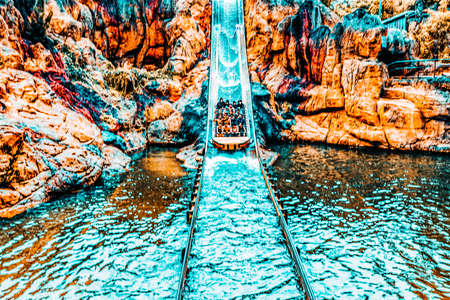 PORT-AVENTURA , SPAIN - SEPT 06 : "Tutuki Splash"amusement. Most huge amusement park in Europe-Port Aventura. September 06, 2014 in Port-Aventura, Salou, Spain. Every year,Park Port-Aventura, welcomes more than 3,5  million visitors.のeditorial素材