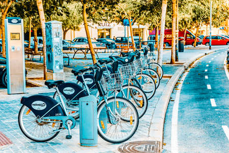 VALENCIA, SPAIN - SEPT 10: Cityscape bike parking  in  Valencia. September 10, 2014 in Valencia, Spain. Every year,Valencia(third size population  city in Spain)welcomes more than 4 million visitors.のeditorial素材