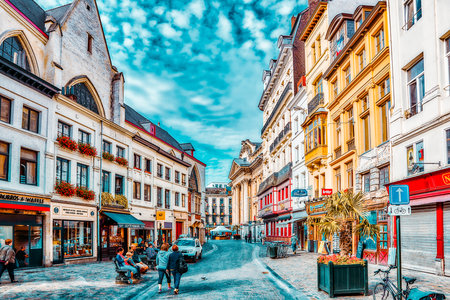 BRUSSELS, BELGIUM - JULY 07, 2016 :City views cozy European cities - Brussels, Belgium and the European Union's capital. Streets, cafes, restaurants and the people on them.のeditorial素材
