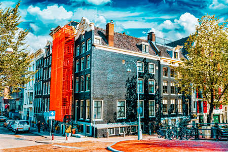 Amsterdam and typical houses with clear summer sky.Netherlandsのeditorial素材