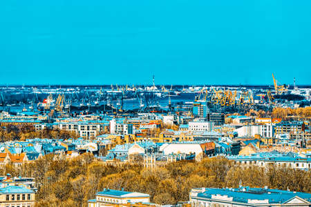 Panoramic view of the city of Riga, Latvia from the height of the tower Church of St. Peter (St....