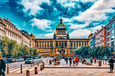 PRAGUE, CZECH REPUBLIC-SEPTEMBER 12, 2015: Main building of the National Museum in Prague.Czech Republic. National Museum houses almost 14 million items from the area of natural history and arts.のeditorial素材