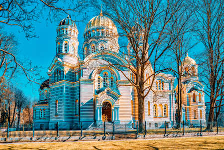 Cathedral of the Nativity of Christ in Riga - the cathedral of the Latvian Orthodox Church. Located on Brivibas Boulevard. Latvia.の写真素材