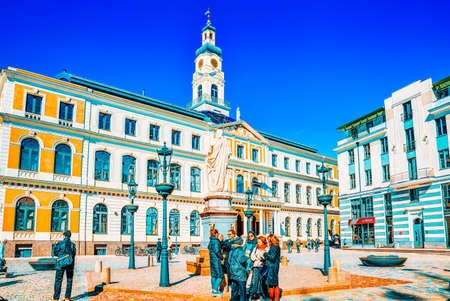 Riga, Latvia - April 12, 2018: Town Hall (Riga) - a building that served as the residence of the Riga City Government (Riga City Council).のeditorial素材