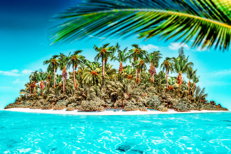 Whole tropical island within atoll in tropical Ocean. Uninhabited and wild subtropical isle with...