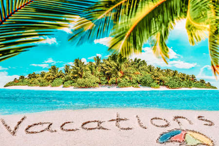 Whole tropical island within atoll in tropical Ocean. Uninhabited and wild subtropical isle with...