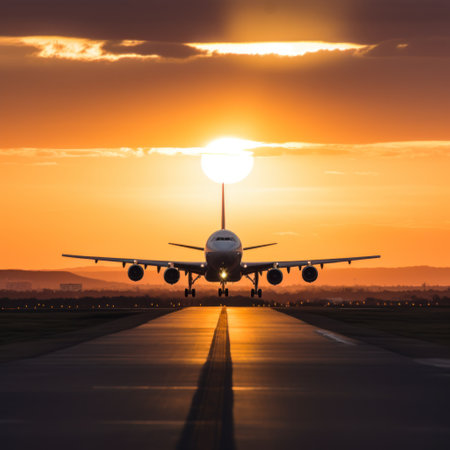 Passenger airplane landing on runway in evening airport.の写真素材