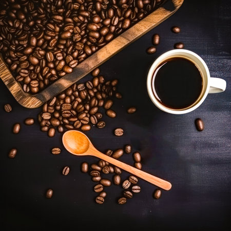 Cup of hot coffee on a rustic wood background.