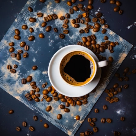 Cup of hot coffee on a rustic wood background.の写真素材